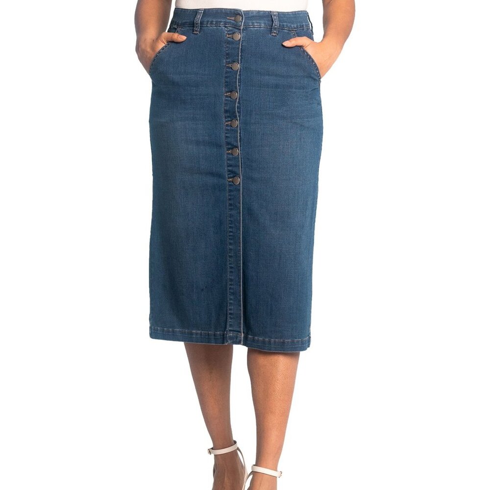 Button-Front Midi Denim Skirt - Blue